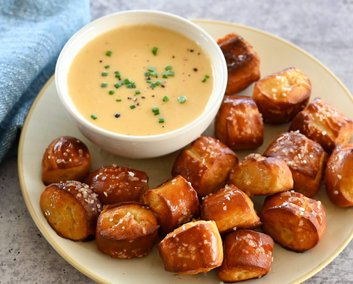 beer cheese dip with pretzel bites.
