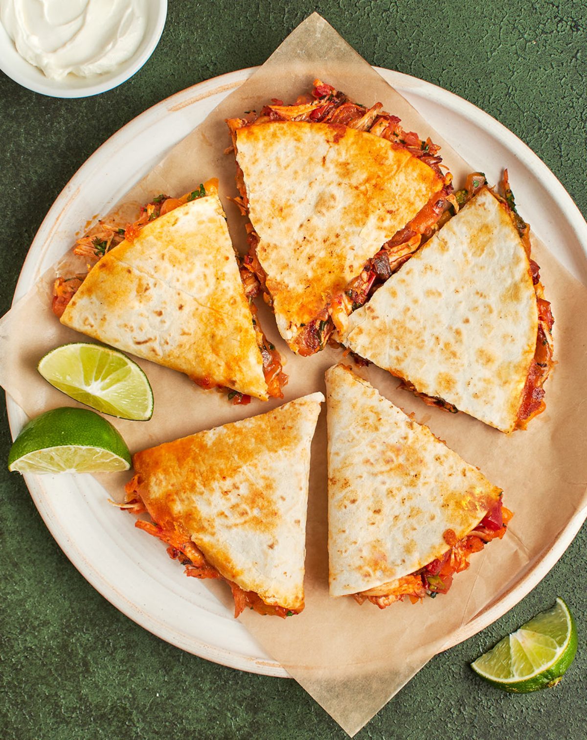 chipotle chicken quesadillas on serving platter