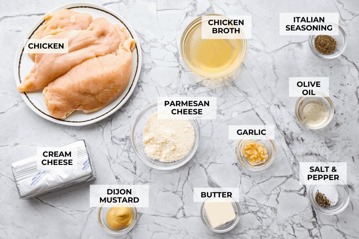 Overhead shot of labeled ingredients. 