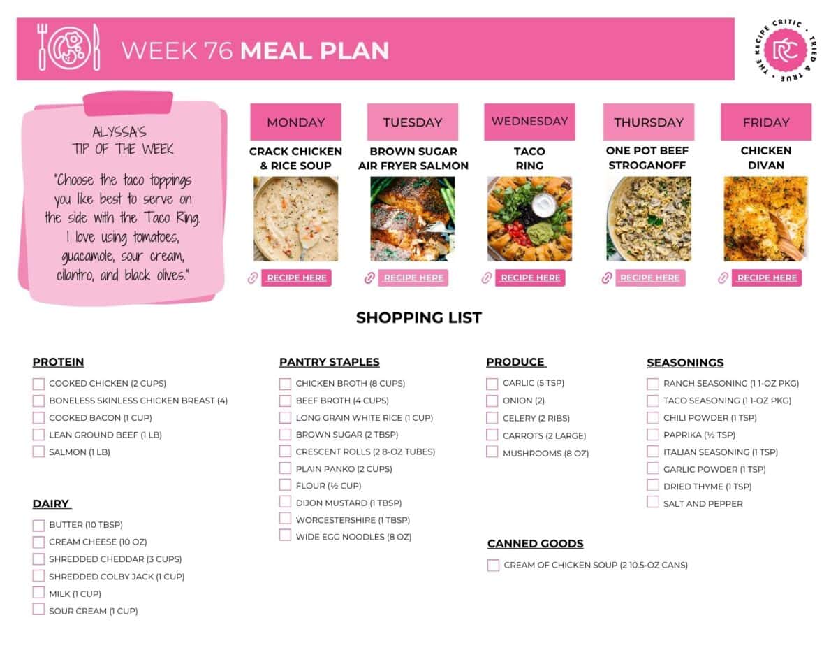 Image of the free printable shopping list for this weekly meal plan. 