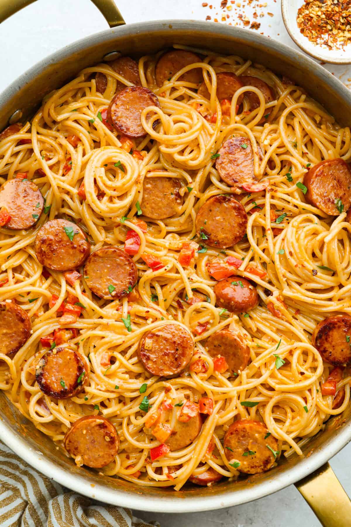 Skillet of cajun spaghetti all cooked and ready to serve. 