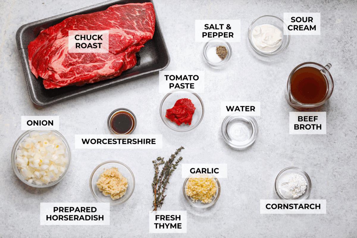 Overhead shot of labeled horseradish pot roast ingredients. 