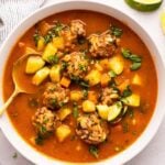 albondigas soup in a white bowl