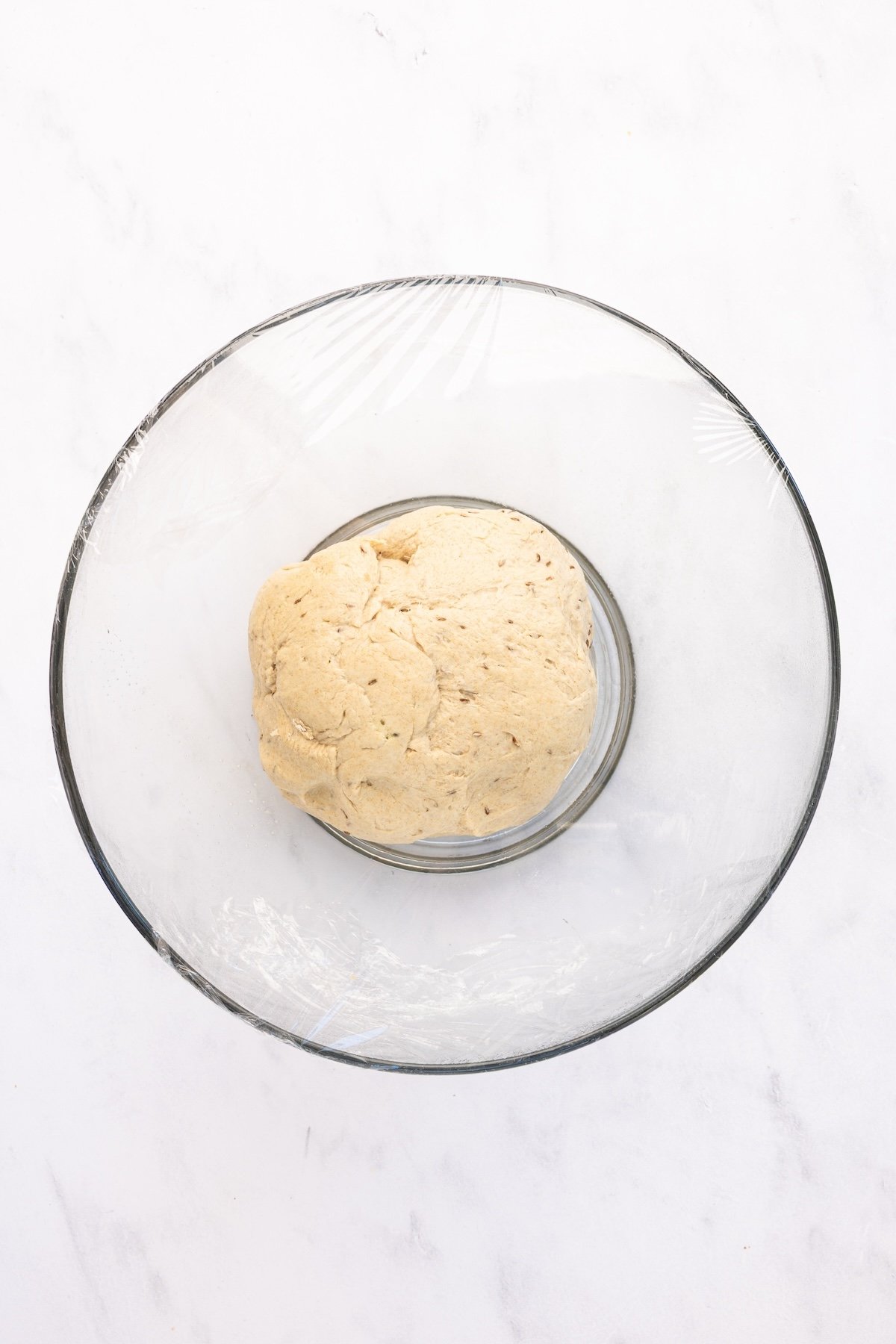 glass bowl  with unrisen rye bread dough