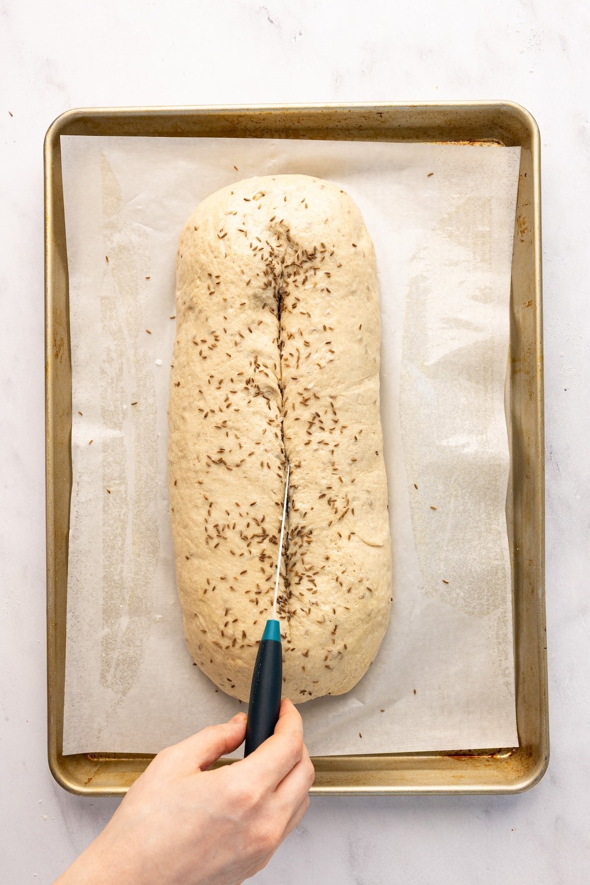 risen dough loaf covered with egg white mixture and caraway seeds