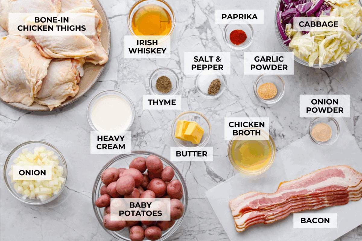 Overhead shot of labeled Irish chicken ingredients.