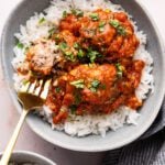 albondigas in bowl over rice