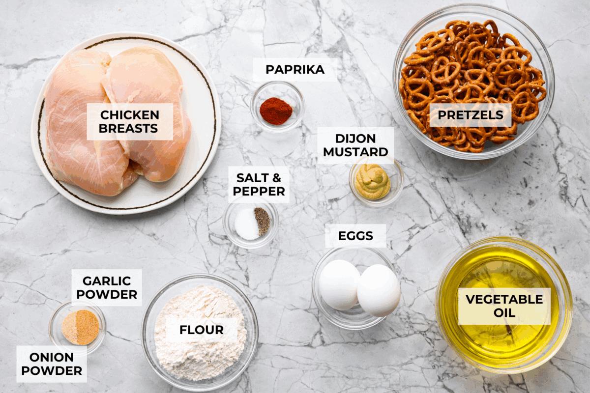 Overhead shot of labeled ingredients. 