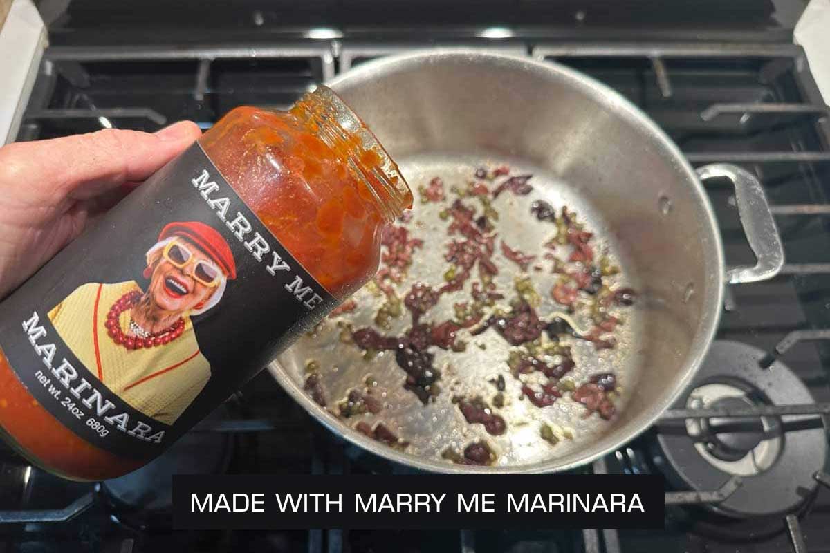 Marry Me Marinara jar being used as the sauce base for Marry Me Chicken Pasta recipe
