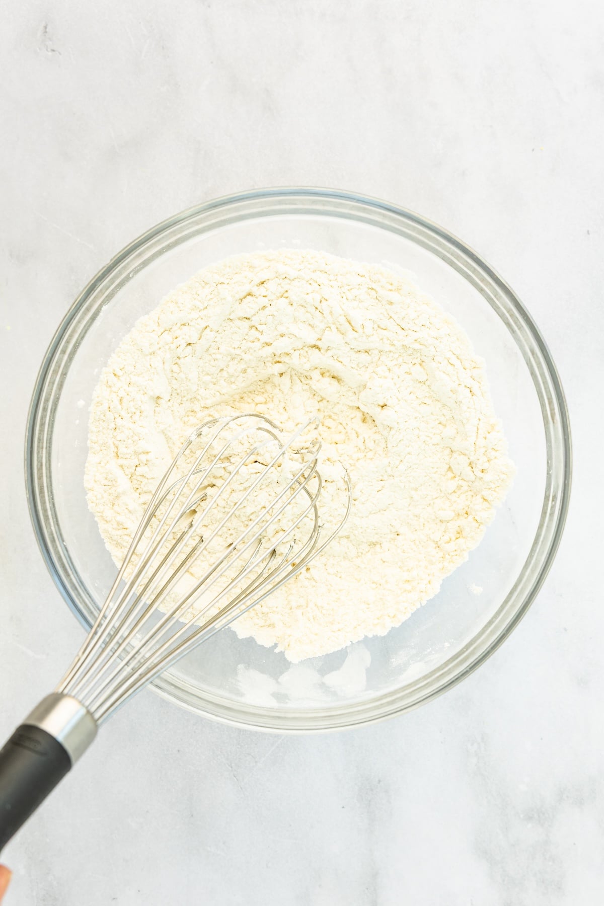 medium bowl with flour, baking powder, and salt
