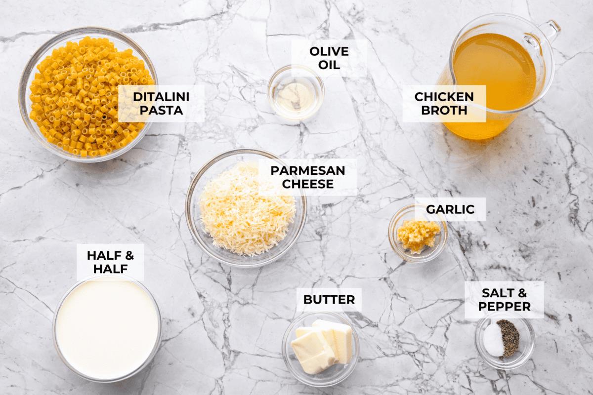 Overhead shot of labeled ingredients. 