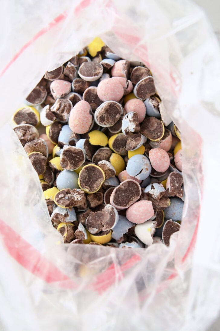 Gallon ziploc bag filled with crushed cadbury eggs.