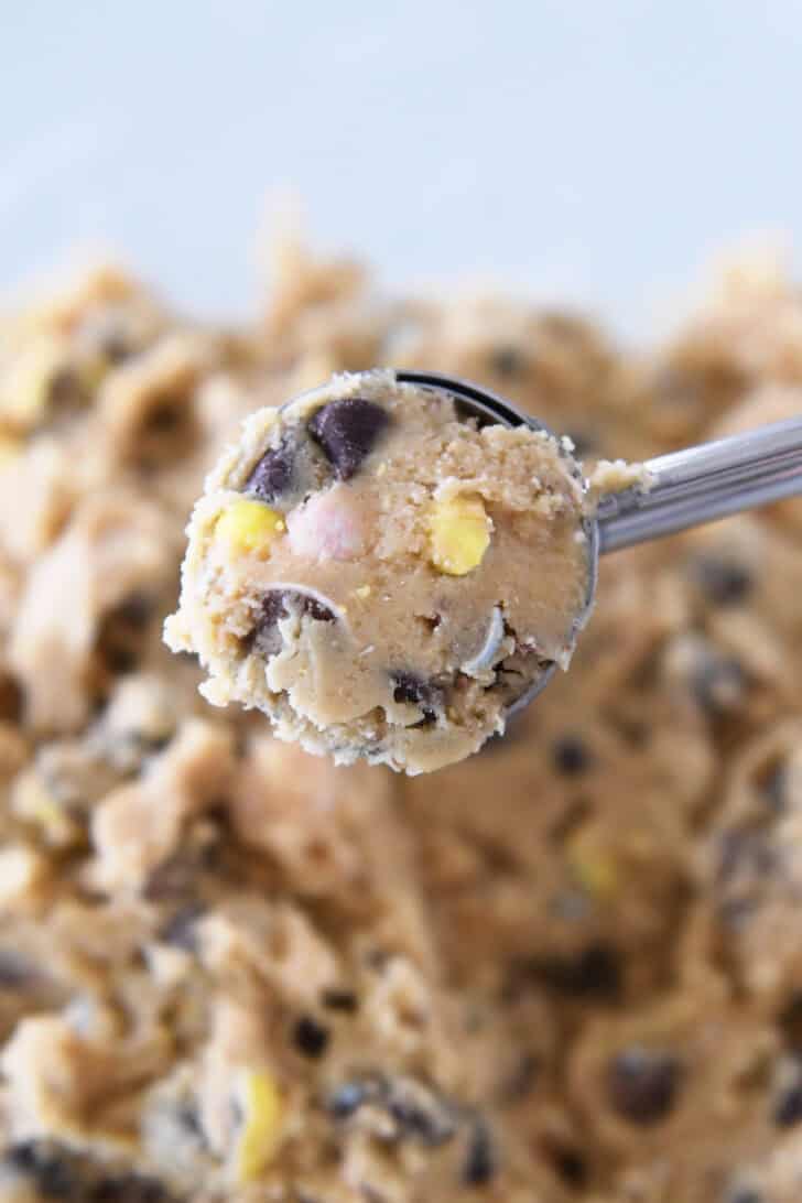 Cookie scoop with cadbury egg chocolate chip cookie dough.