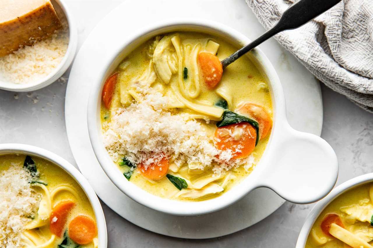 Bowl of creamy chicken noodle soup.