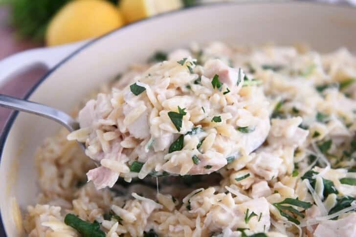 Serving spoon with scoop of creamy orzo, spinach and chicken.