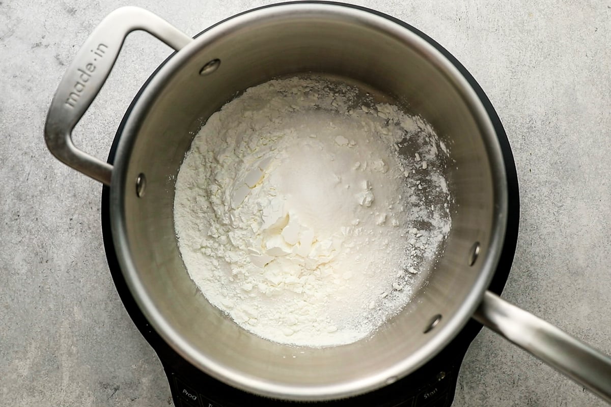 medium sauce pan with sugar, cornstarch, and salt