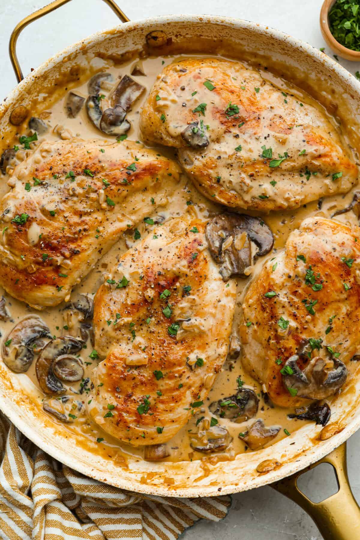 Pan of chicken Diane, in a creamy mushroom sauce. 