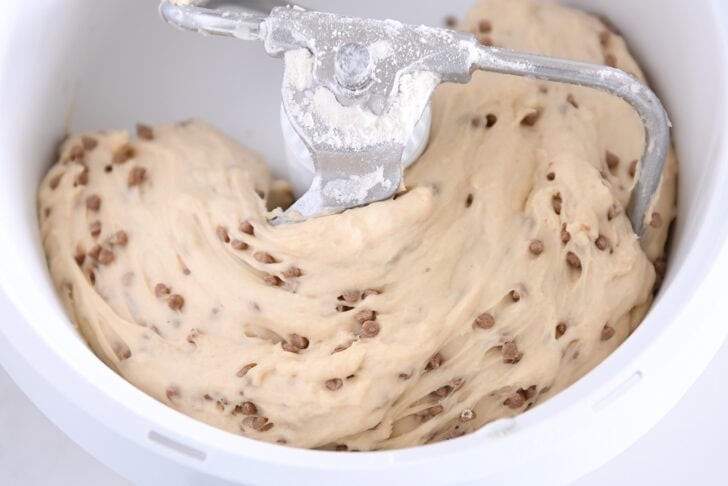 Cinnamon burst bread dough risen in Bosch mixer with dough hook.