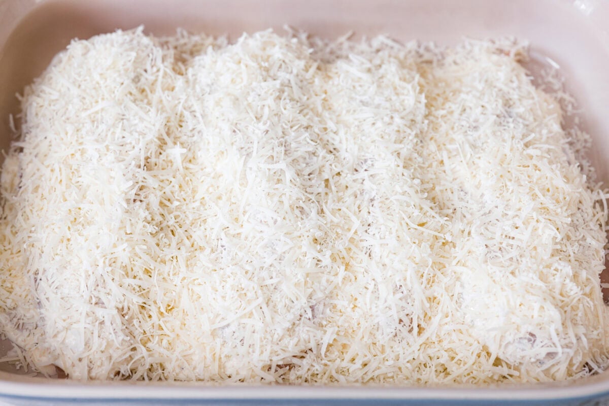 Parmesan cheese covering the tops of the caesar dressing covered chicken breasts. 