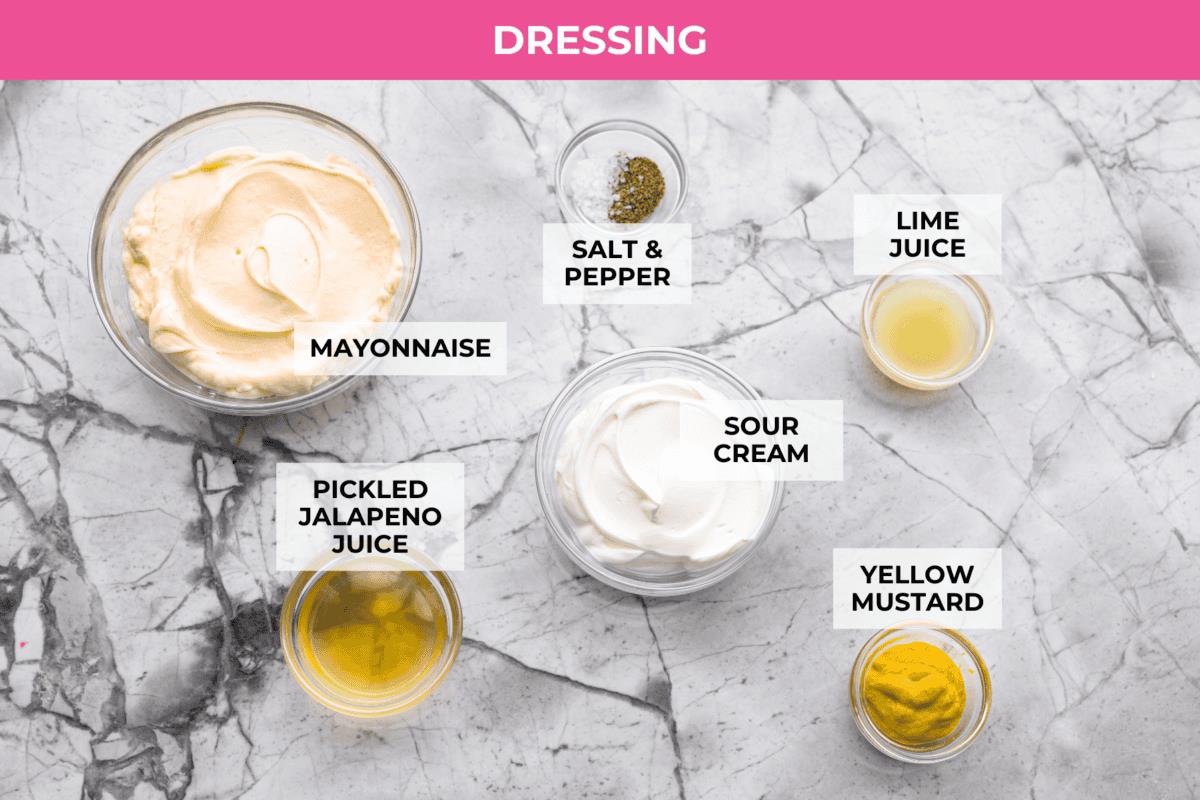 Overhead shot of labeled Mexican macaroni salad dressing ingredients. 