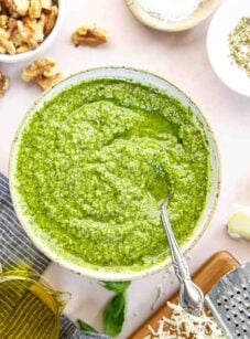 pesto sauce in bowl with linen napkin