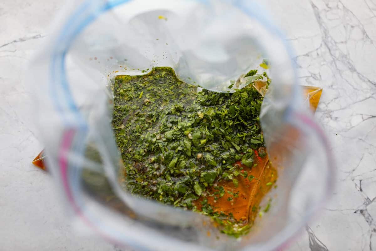 All of the marinade ingredients added to a zip lock bag.