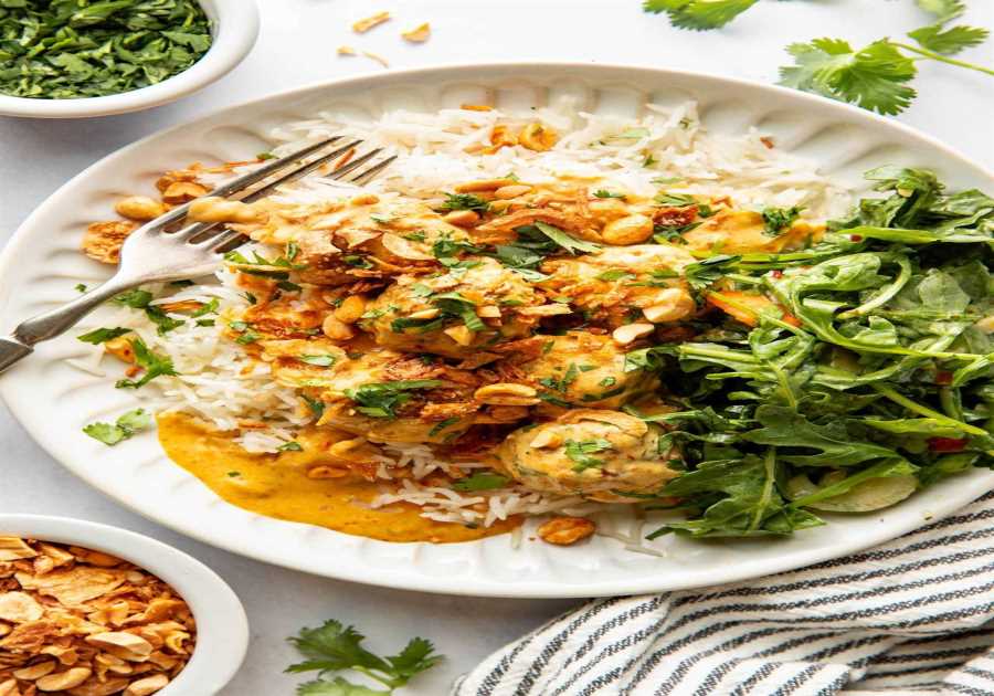 Yellow Curry Meatballs with Peanut Shallot Crispies