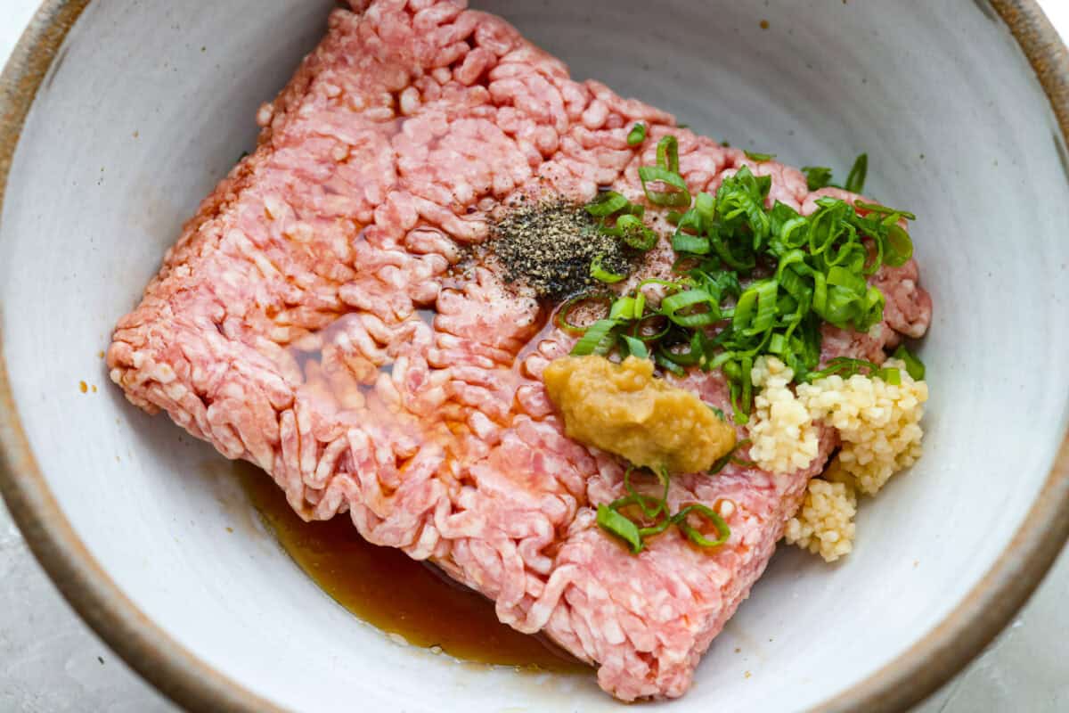 Meat and seasonings in a bowl. 