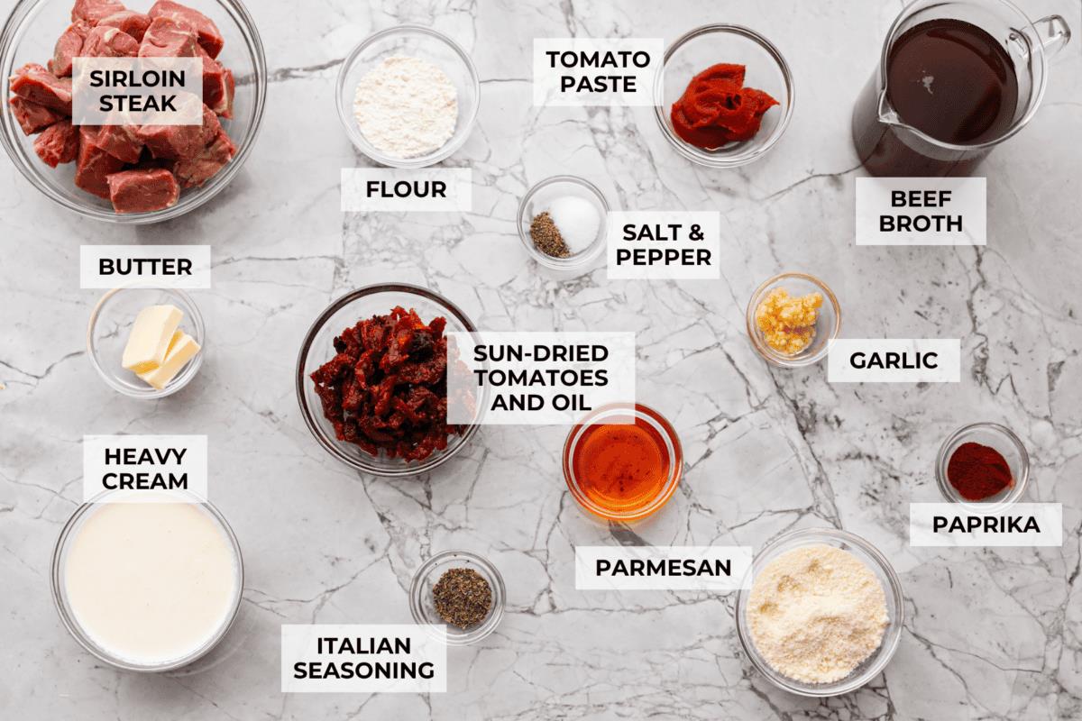 Overhead shot of labeled ingredients. 