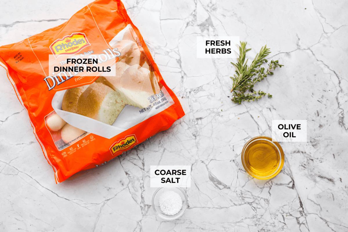 Overhead shot of labeled ingredients. 