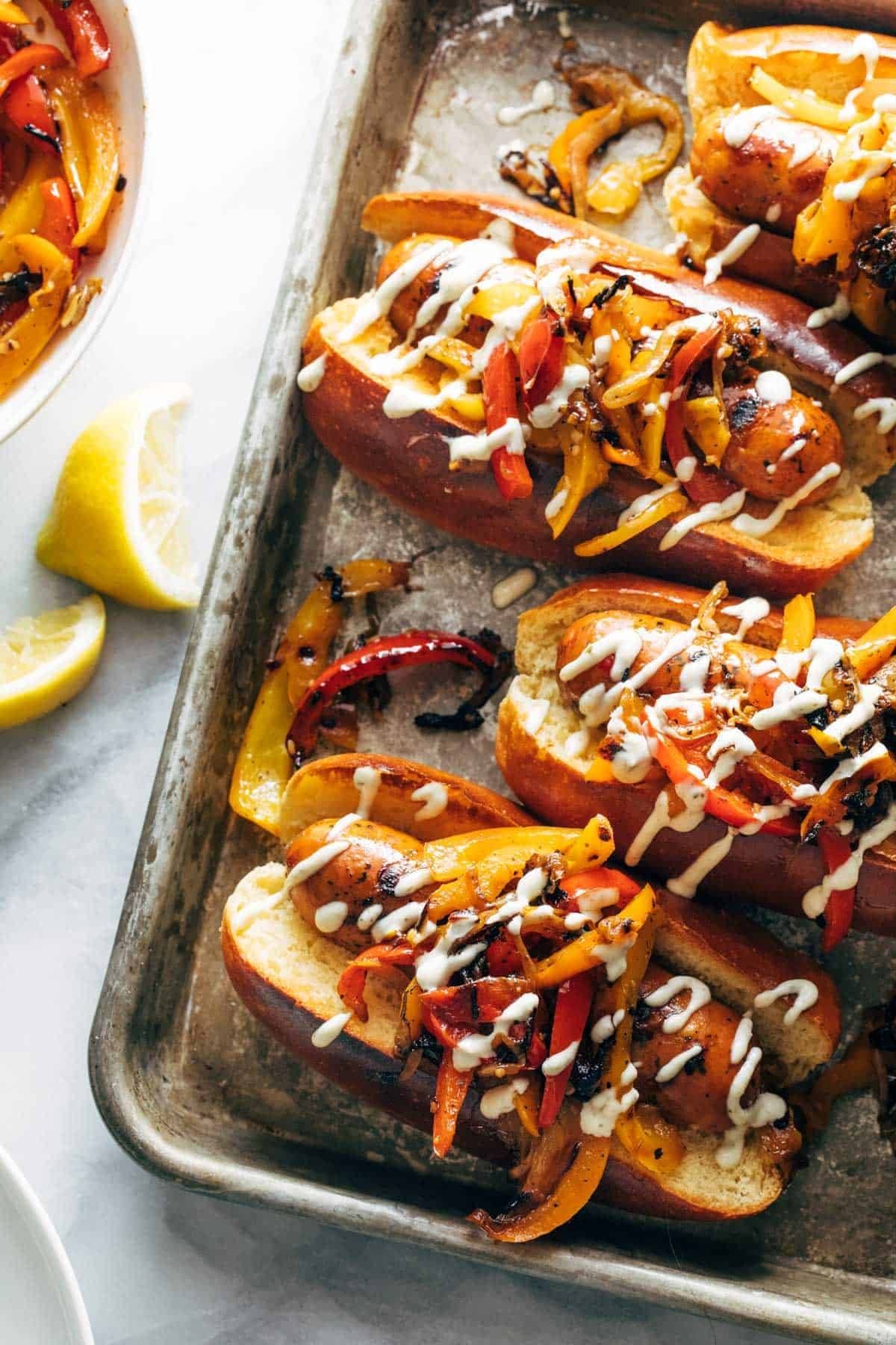 Grilled sausage with peppers and aioli.
