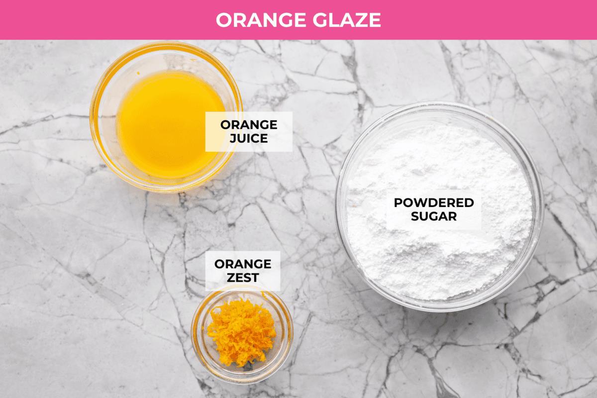 Overhead shot of labeled orange glaze ingredients. 