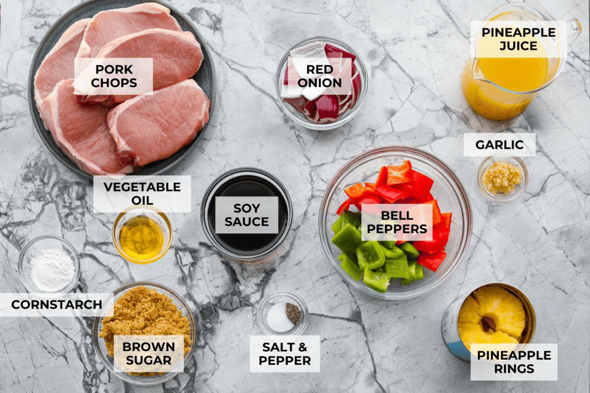 Overhead shot of labeled ingredients. 