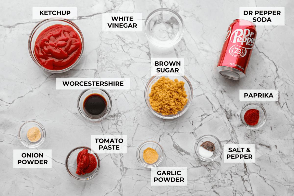 Overhead shot of labeled ingredients. 