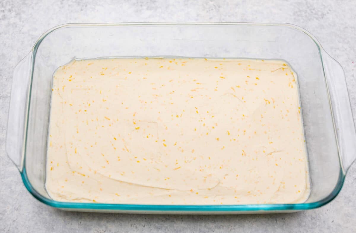 Cream cheese mixture in the bottom of the 9x13 dish. 