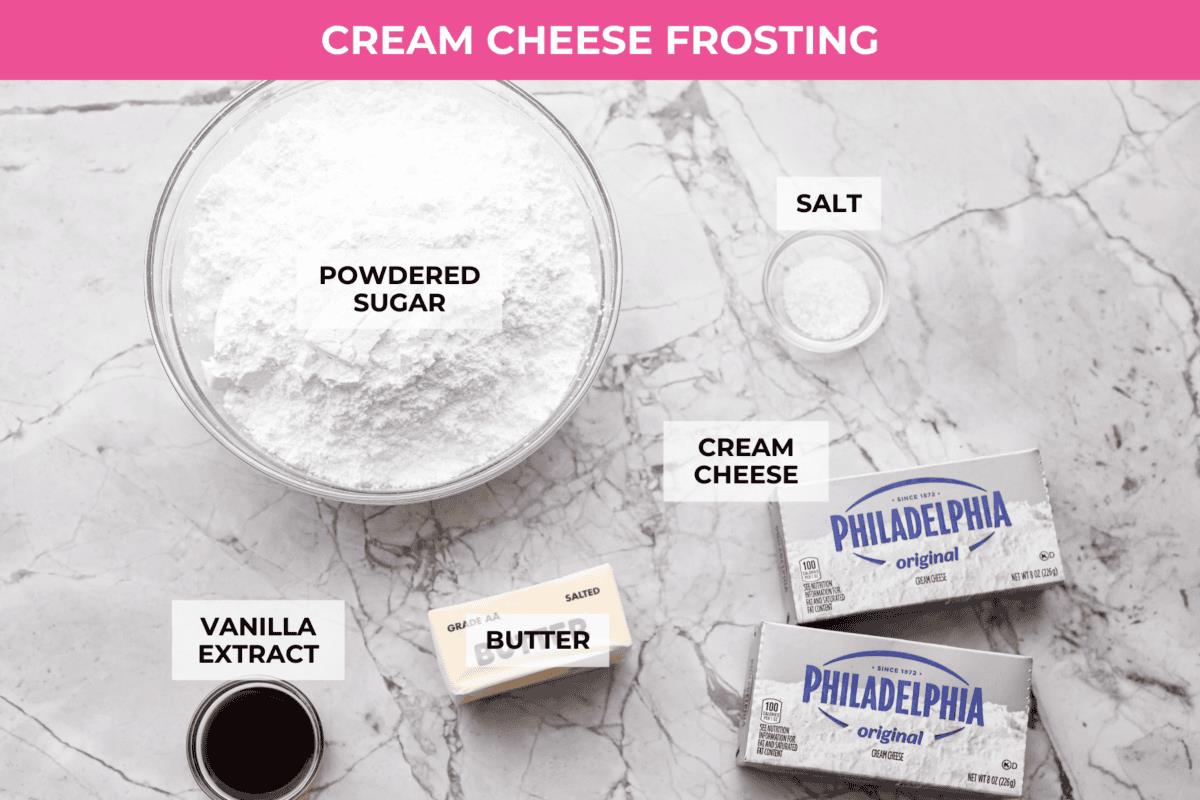 Overhead shot of labeled cream cheese frosting ingredients. 