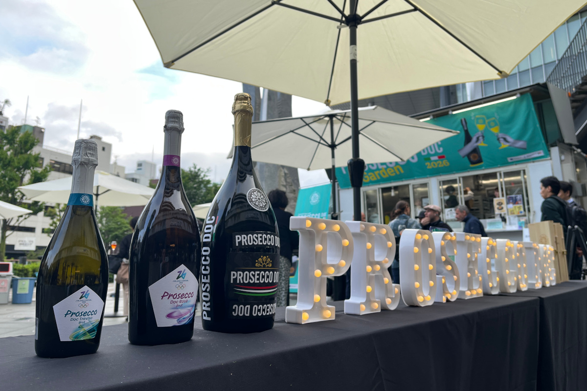 Prosecco DOC garden at Tokyo Skytree Town. Bottles of Italian sparkling wine on display. Prosecco sign with lights.