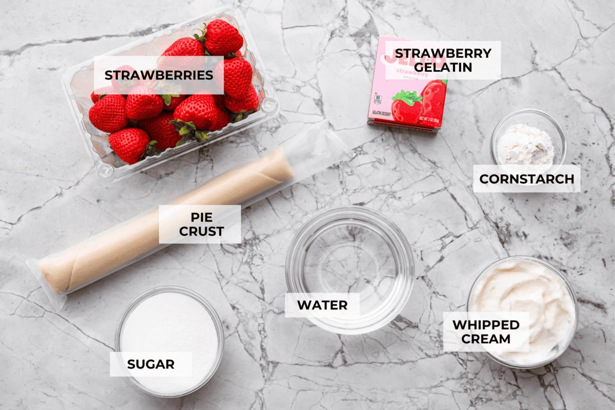 Overhead shot of labeled ingredients. 
