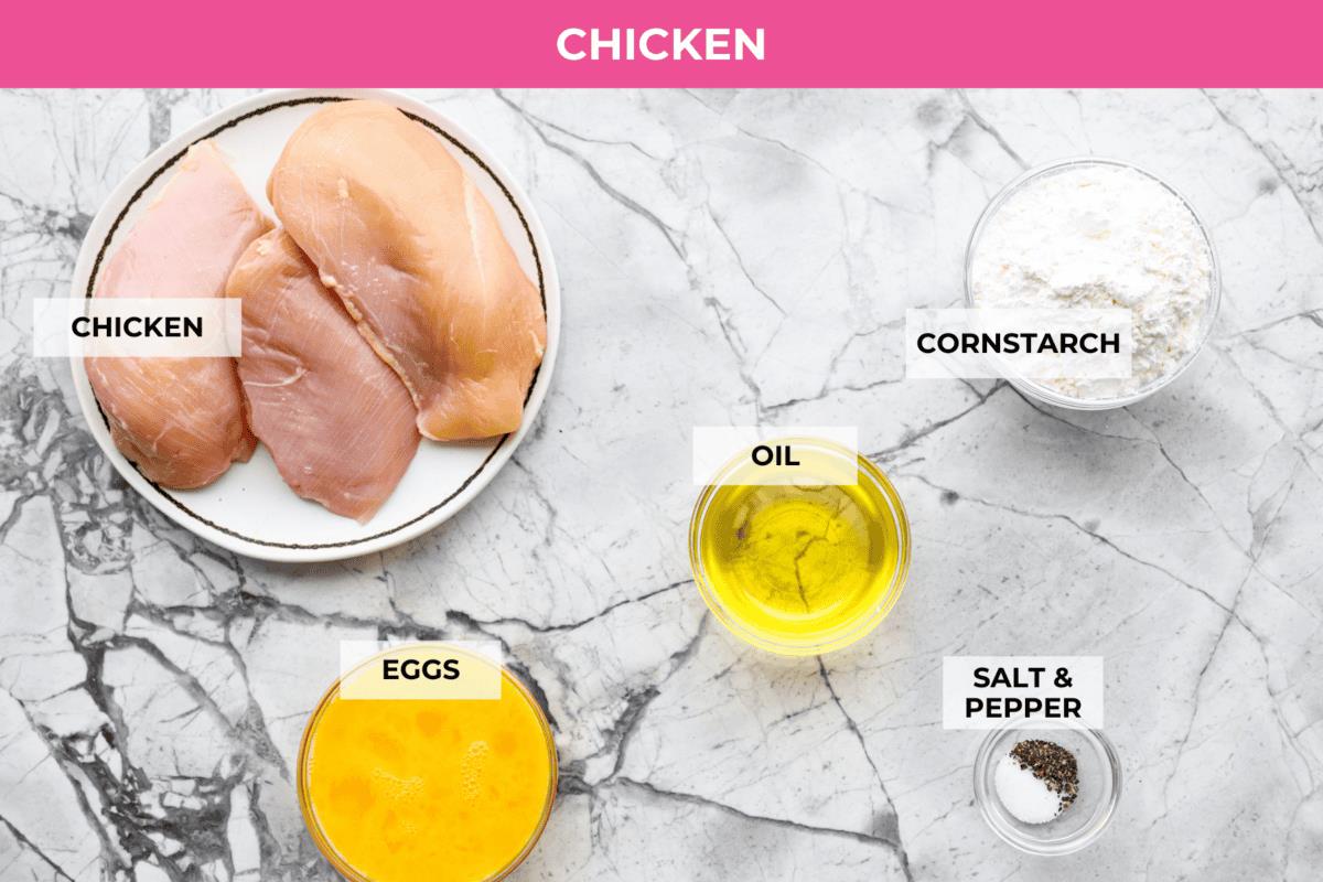 Overhead shot of labeled baked orange chicken ingredients.