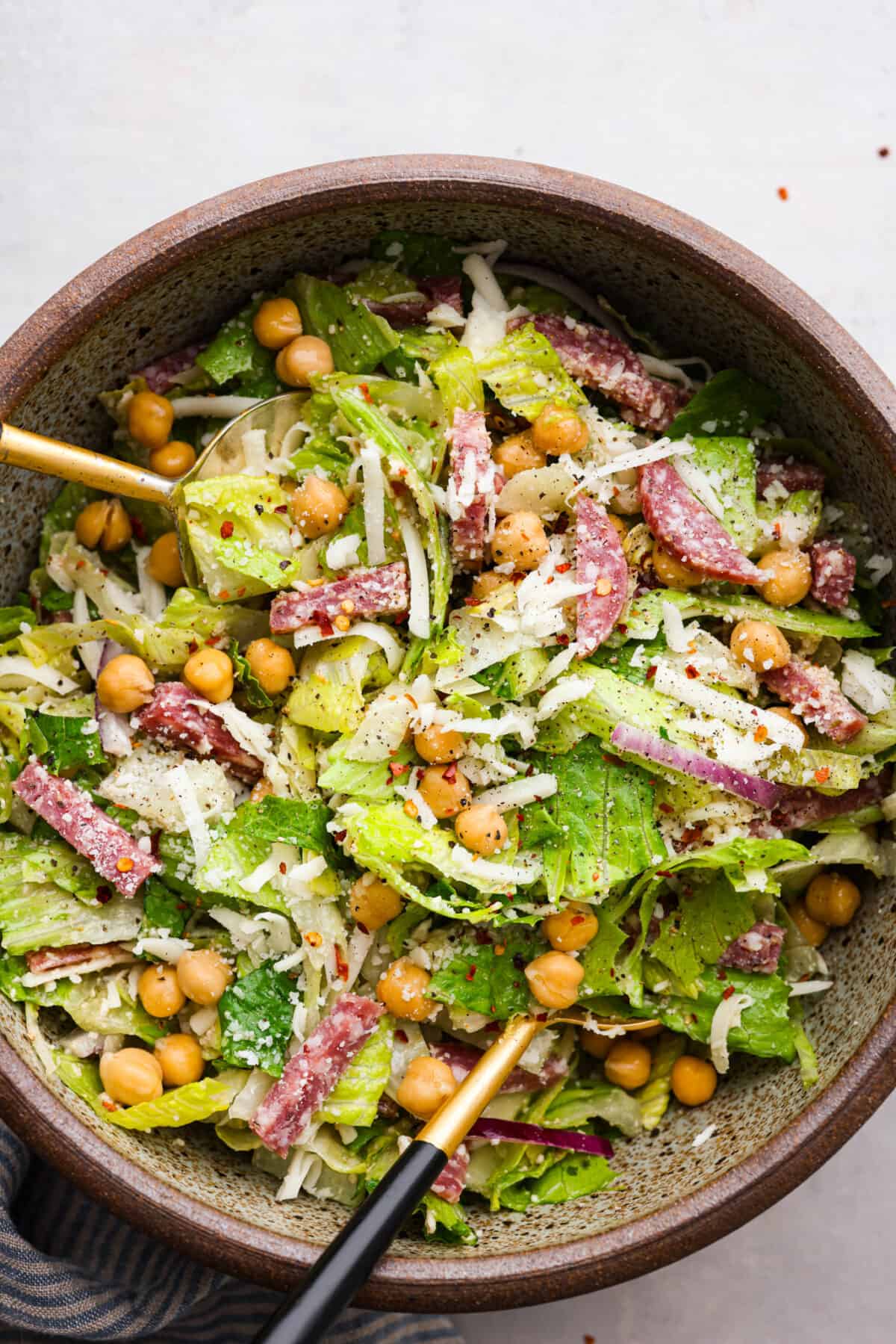 Top-down view of La Scala Salad in a large bowl.