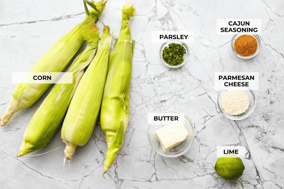 Overhead shot of labeled ingredients. 