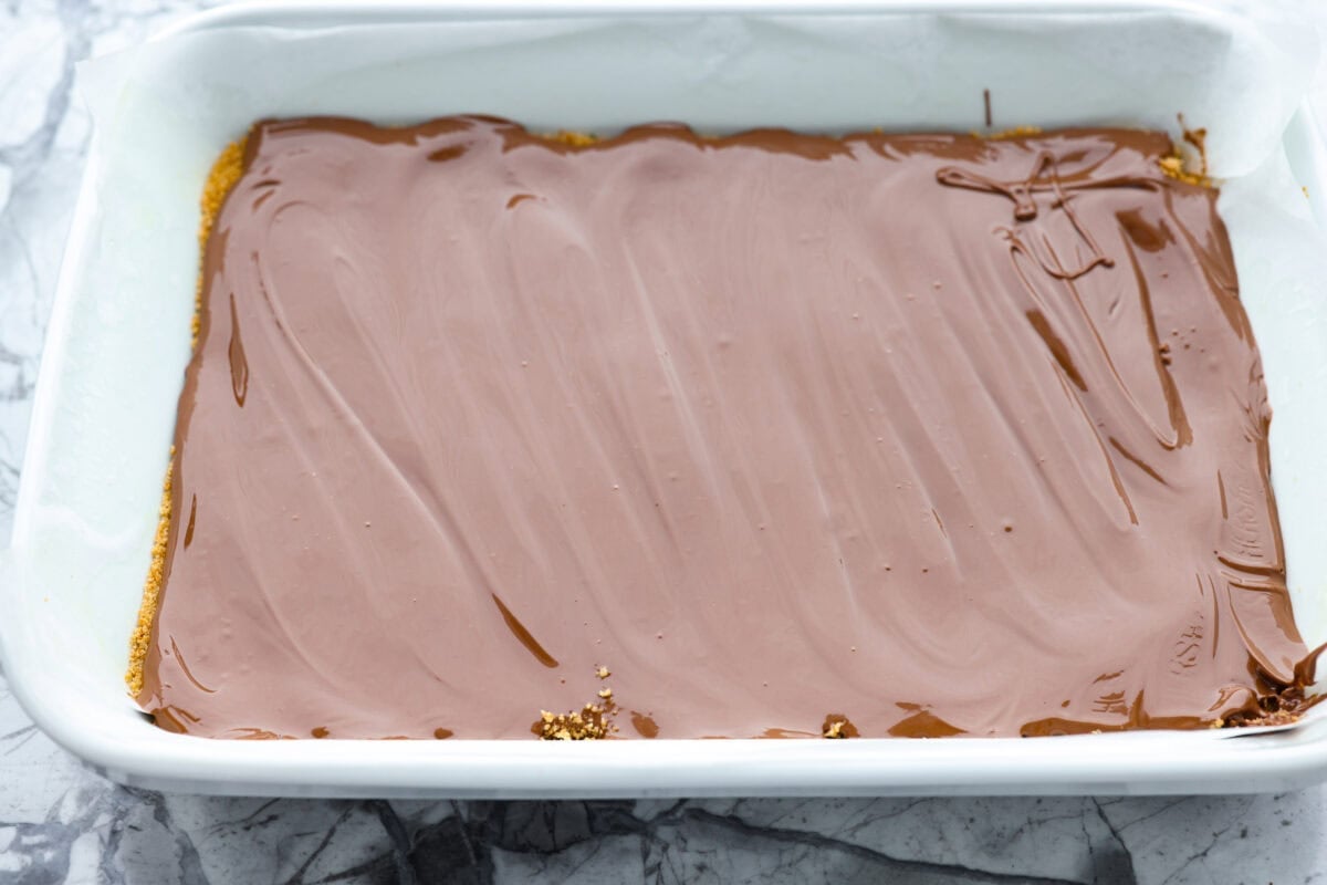 Chocolate melted and spread across the crust. 