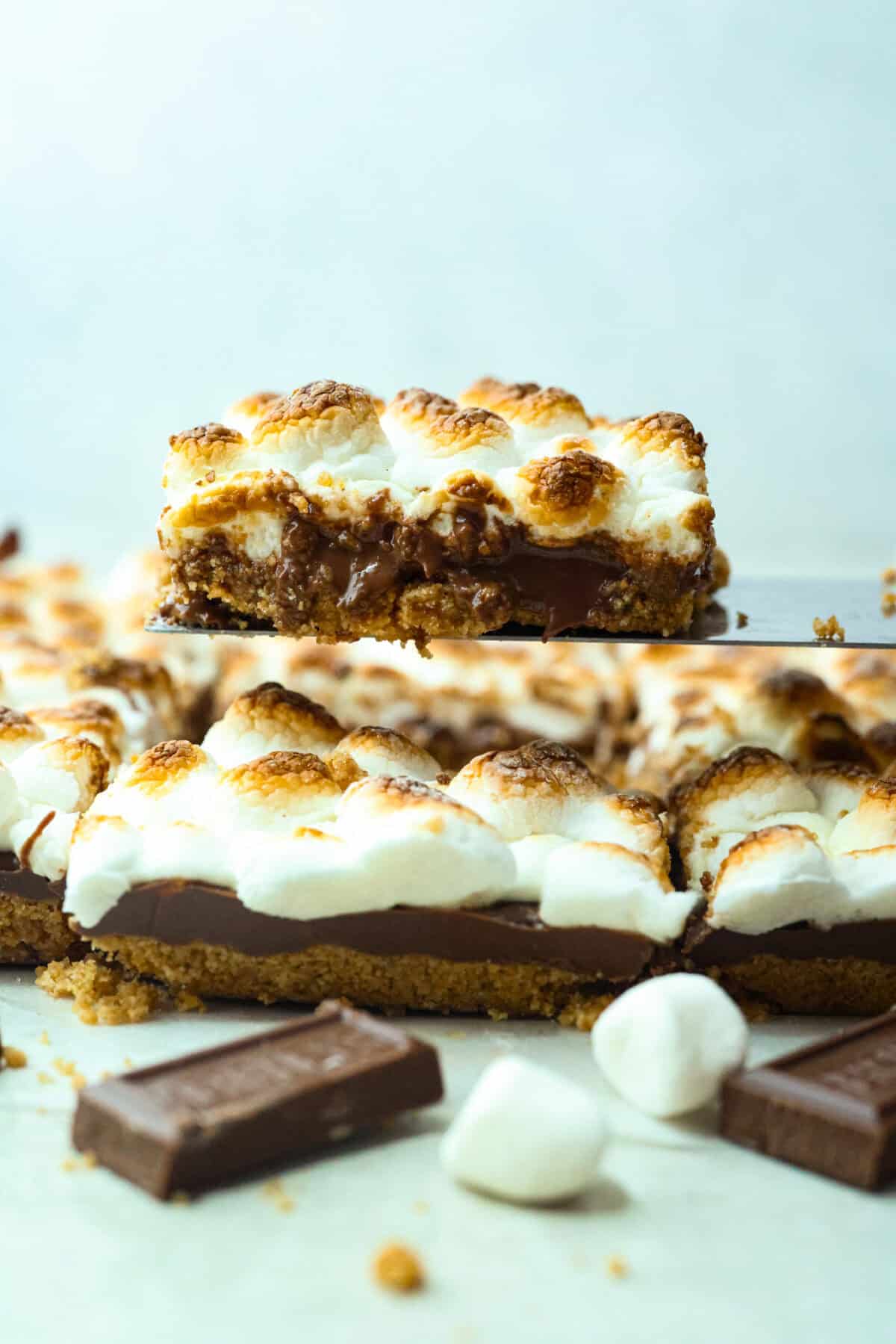 Side shot of someone lifting a Starbuck's s'mores bar out of the sheet of bars. 
