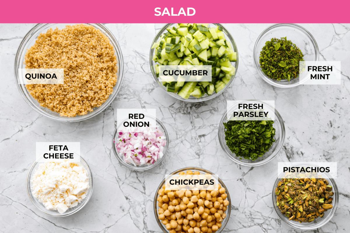 Overhead shot of labeled Jennifer Aniston Salad ingredients.