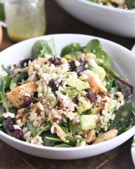 serving of kale and wild rice salad in white bowl with fork