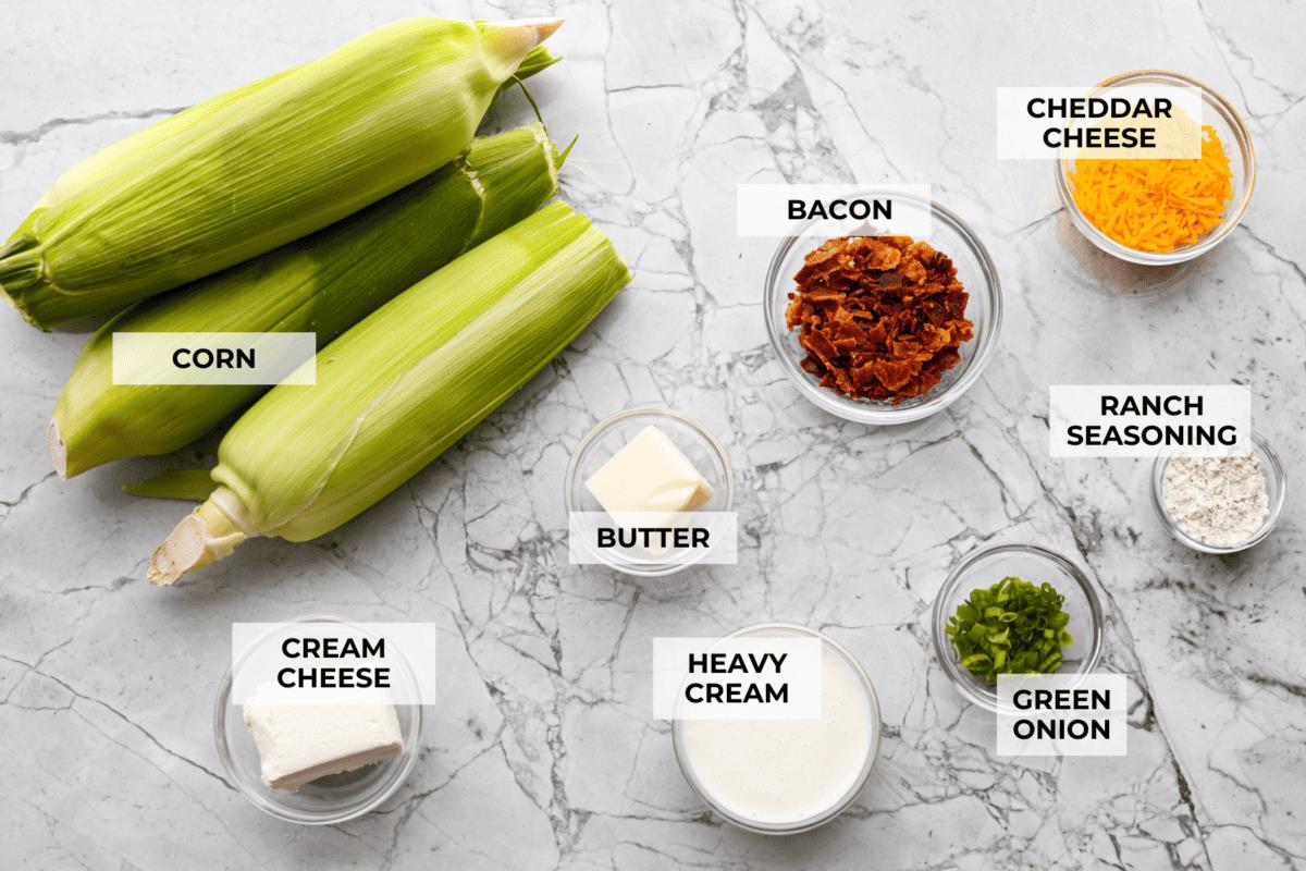Overhead shot of labeled ingredients. 