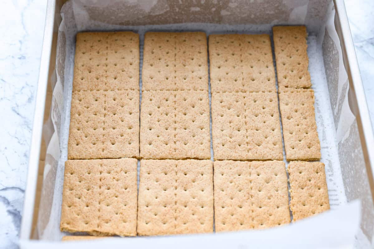 9x9 pan with a layer of parchment paper with graham crackers evenly spread. 