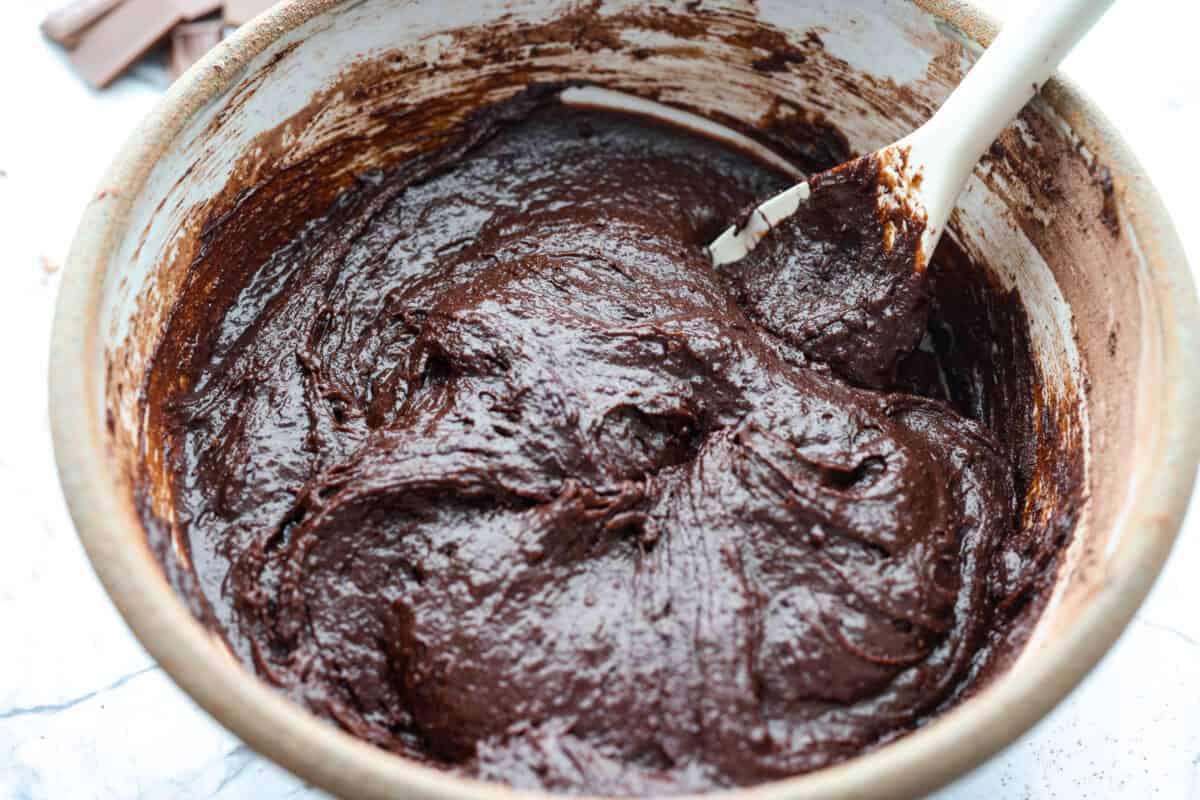 Boxed brownie mix all mixed together with the egg, oil, and water. 