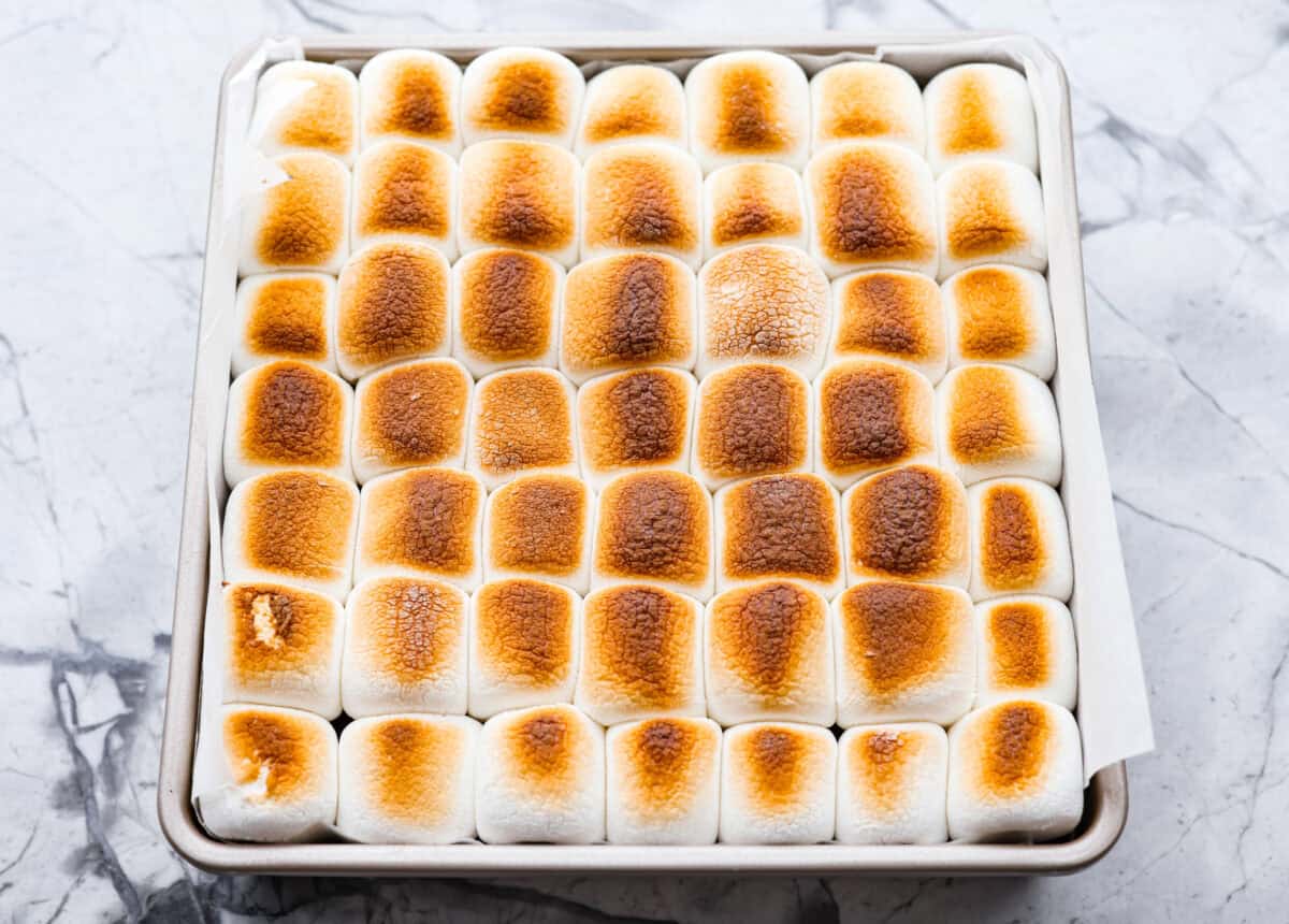 Top down shot of the toasted marshmallows on the S'more Brownies.