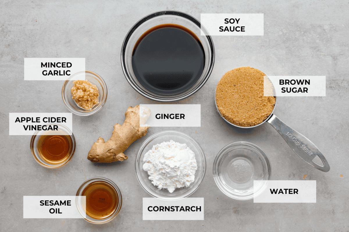Overhead shot of labeled ingredients. 
